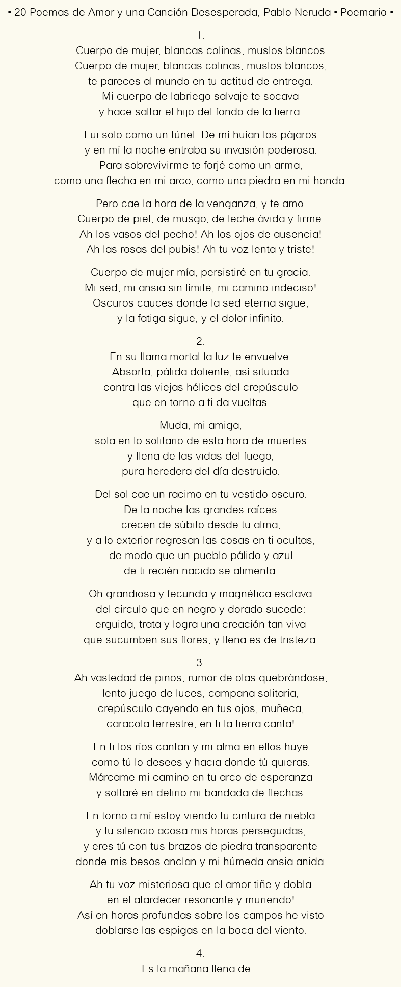 Imagen con el poema 20 Poemas de Amor y una Canción Desesperada, por Pablo Neruda