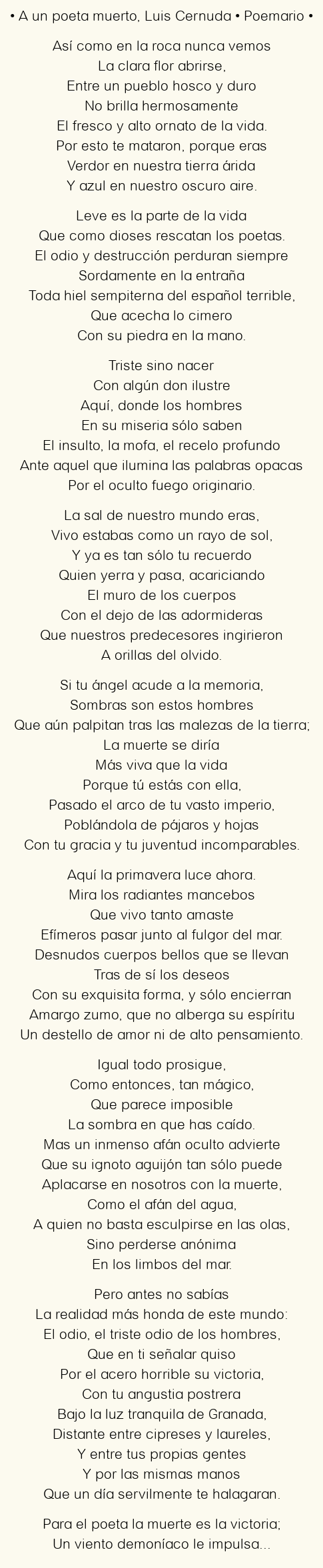 Imagen con el poema A un poeta muerto, por Luis Cernuda