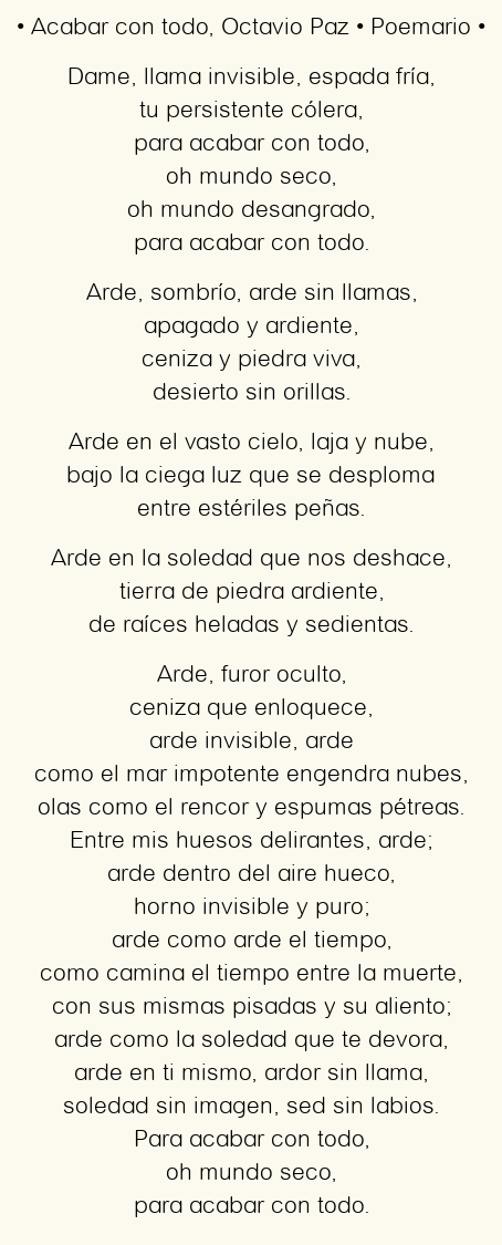 Imagen con el poema Acabar con todo, por Octavio Paz