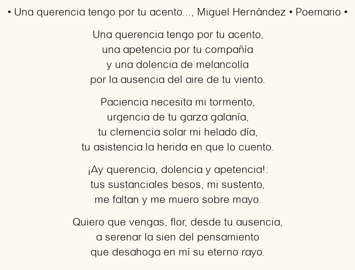 Imagen con el poema Una querencia tengo por tu acento…, por Miguel Hernández