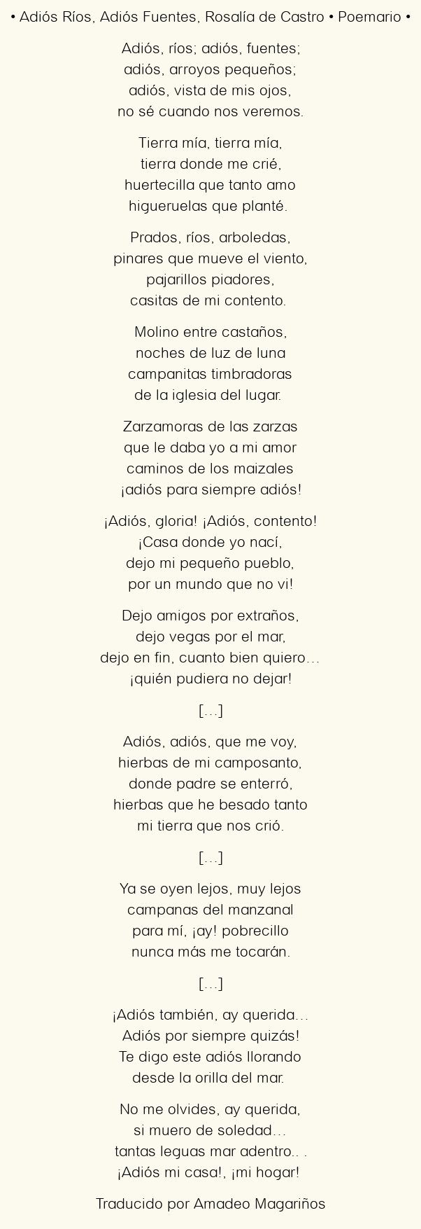 Imagen con el poema Adiós Ríos, Adiós Fuentes, por Rosalía de Castro