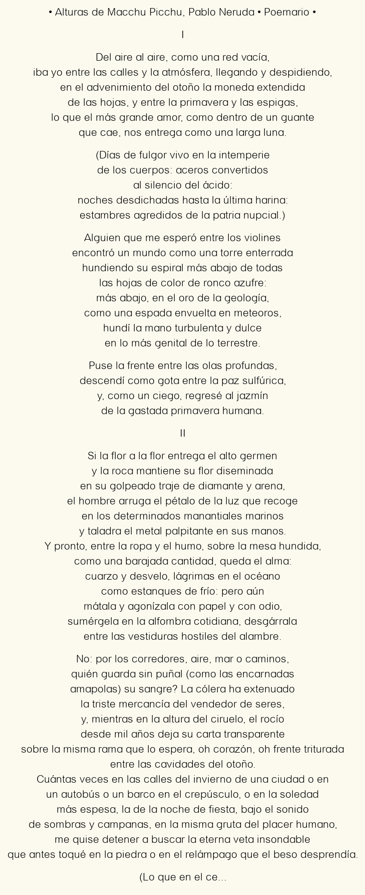 Imagen con el poema Alturas de Macchu Picchu, por Pablo Neruda