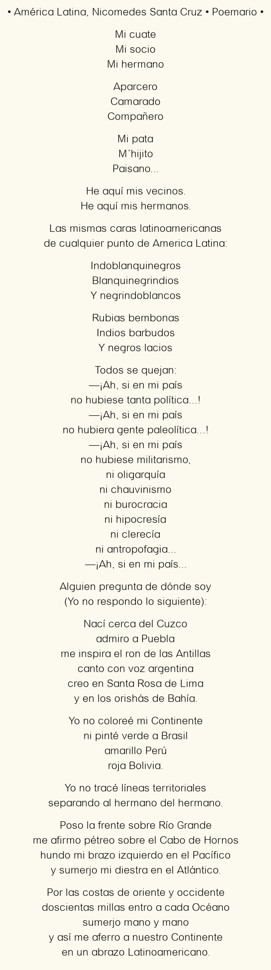 Imagen con el poema América Latina, por Nicomedes Santa Cruz