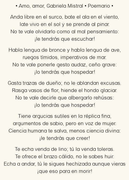 Imagen con el poema Amo, amor, por Gabriela Mistral