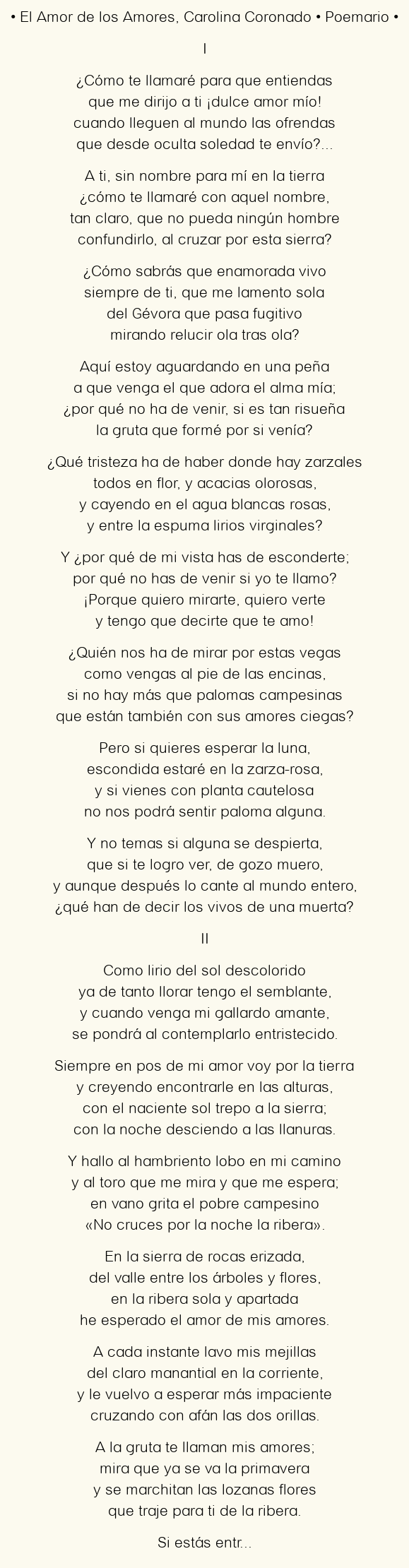 Imagen con el poema El Amor de los Amores, por Carolina Coronado
