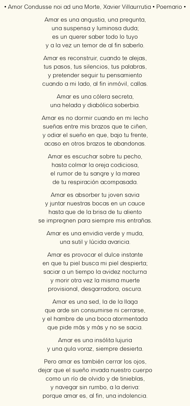 Imagen con el poema Amor Condusse noi ad una Morte, por Xavier Villaurrutia
