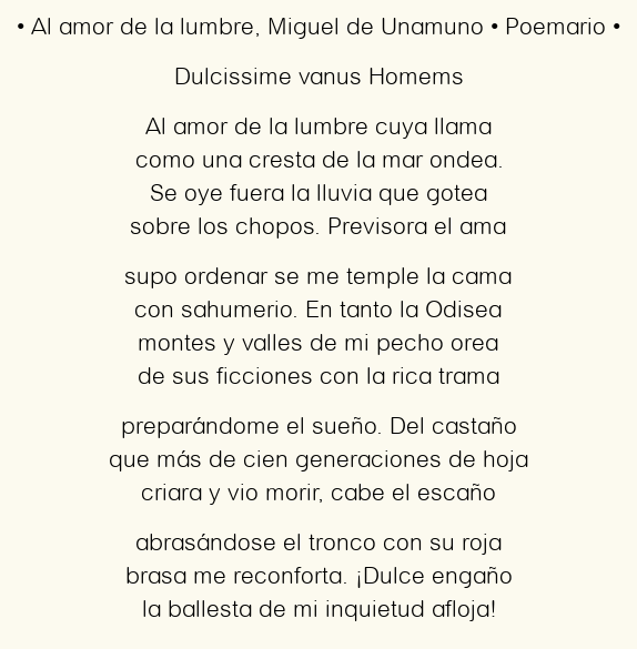 Imagen con el poema Al amor de la lumbre, por Miguel de Unamuno