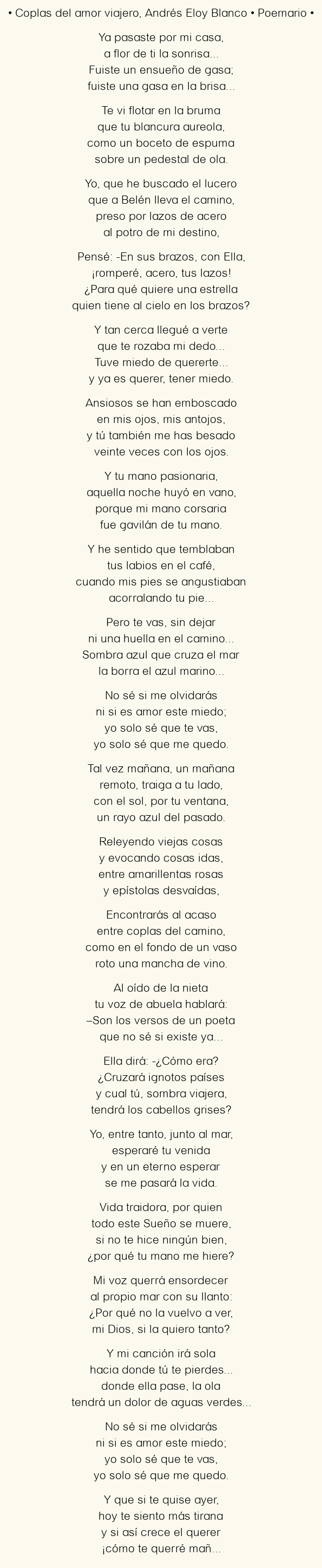 Imagen con el poema Coplas del amor viajero, por Andrés Eloy Blanco