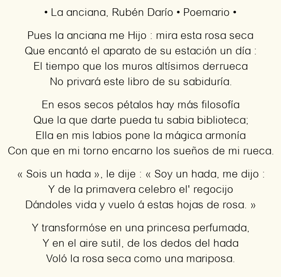 Imagen con el poema La anciana, por Rubén Darío