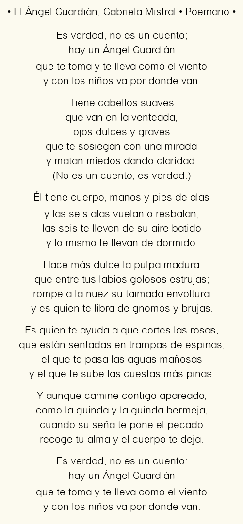 Imagen con el poema El Ángel Guardián, por Gabriela Mistral