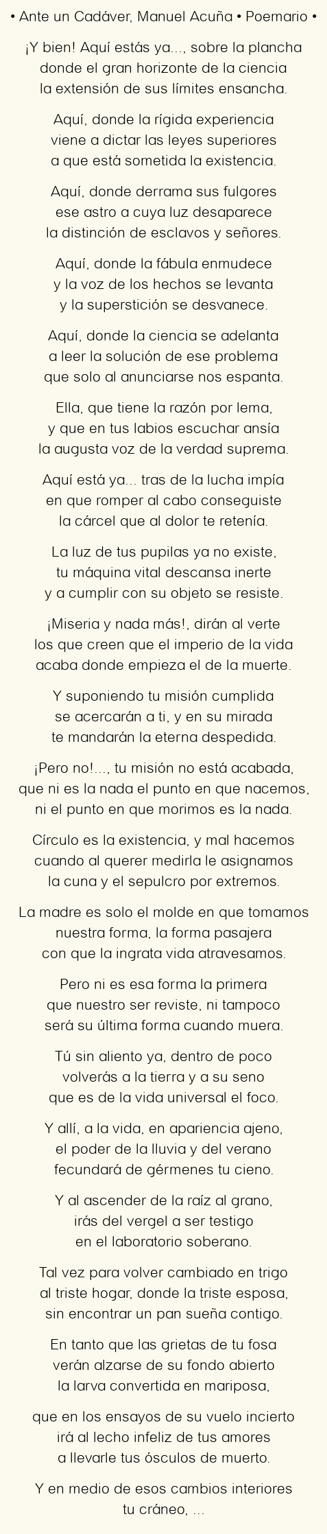 Imagen con el poema Ante un Cadáver, por Manuel Acuña