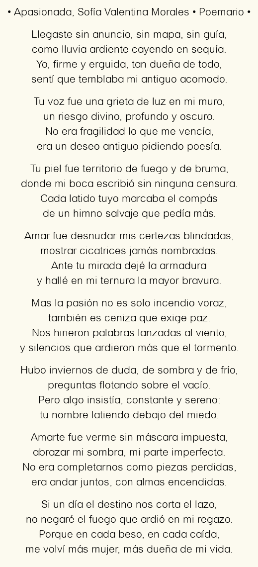 Imagen con el poema Apasionada, por Sofía Valentina Morales