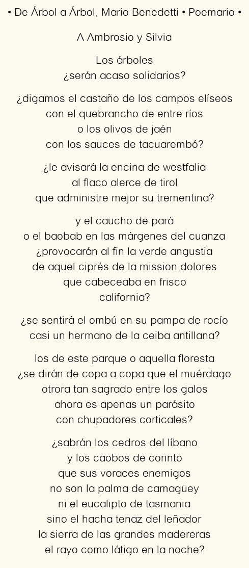 Imagen con el poema De Árbol a Árbol, por Mario Benedetti