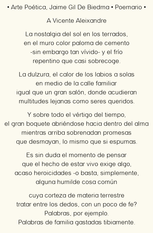 Imagen con el poema Arte Poética, por Jaime Gil De Biedma