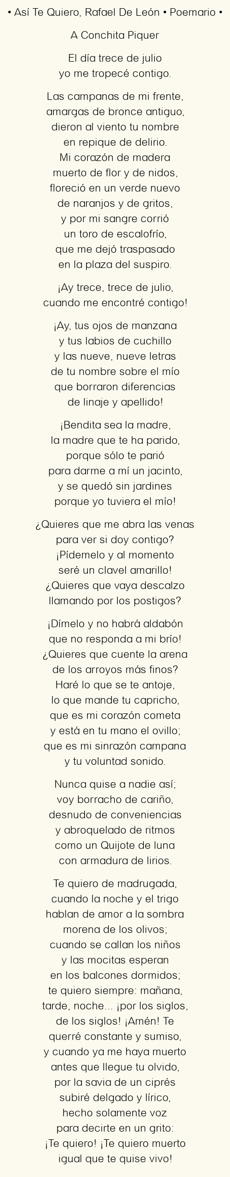 Imagen con el poema Así Te Quiero, por Rafael De León
