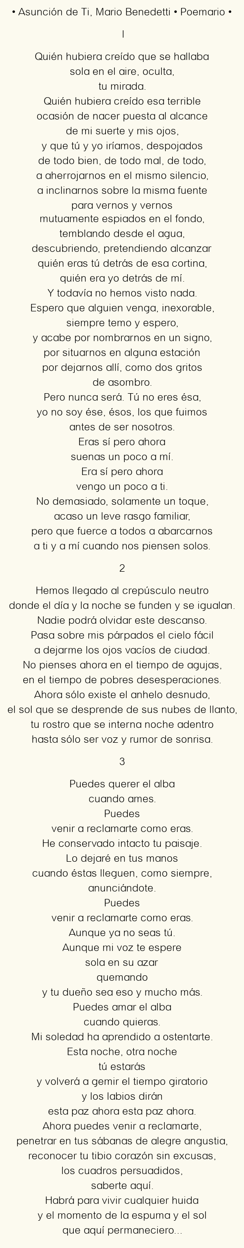 Imagen con el poema Asunción de Ti, por Mario Benedetti