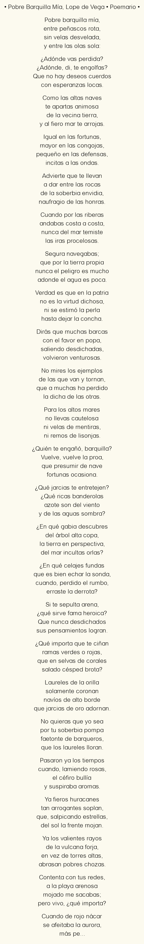 Imagen con el poema Pobre Barquilla Mía, por Lope de Vega