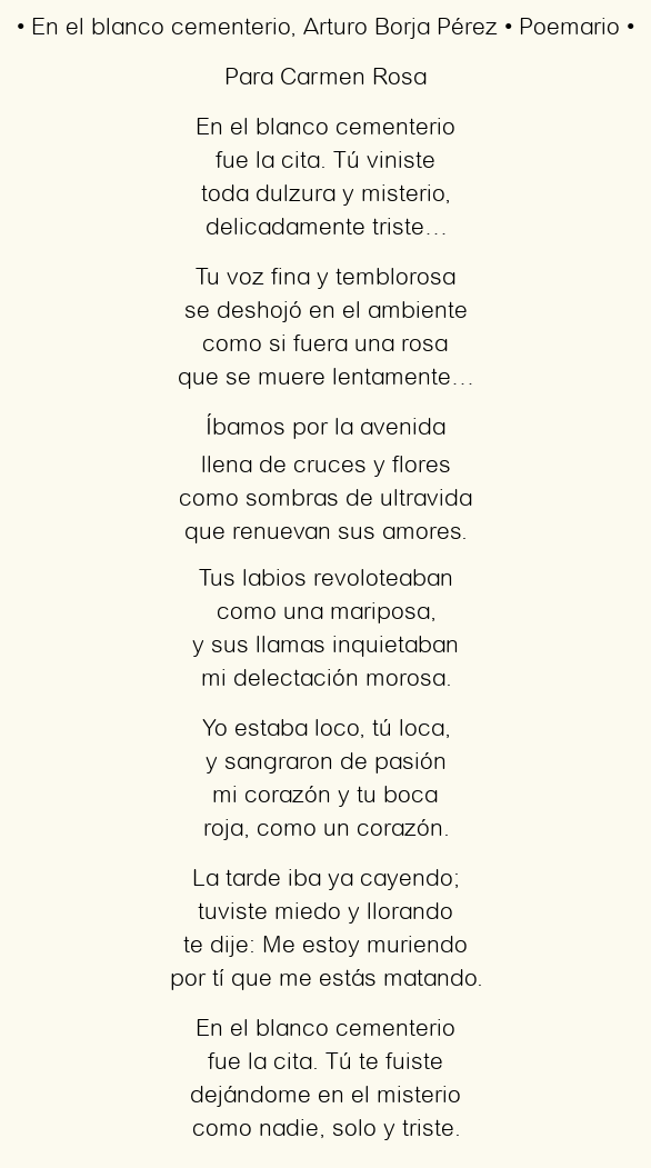 Imagen con el poema En el blanco cementerio, por Arturo Borja Pérez