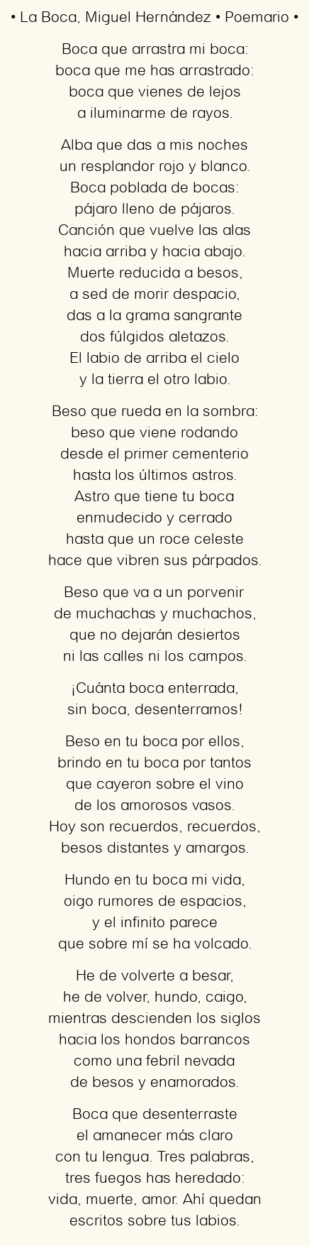 Imagen con el poema La Boca, por Miguel Hernández