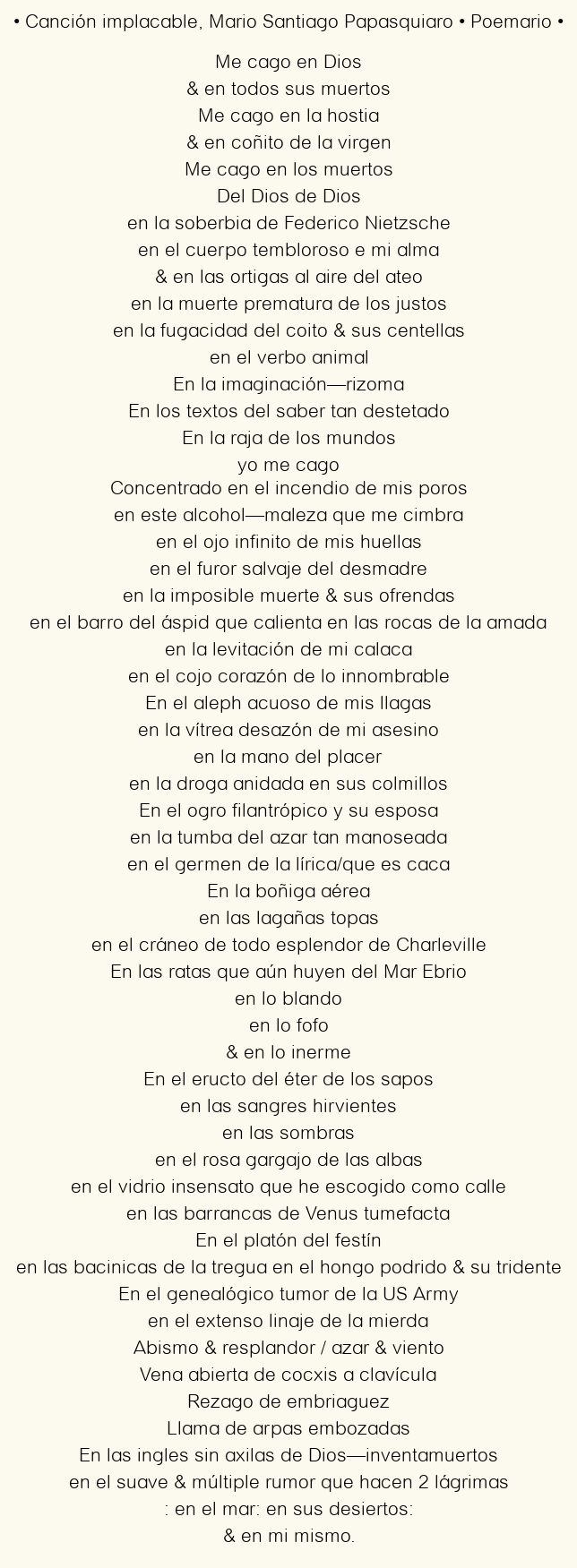 Imagen con el poema Canción implacable, por Mario Santiago Papasquiaro