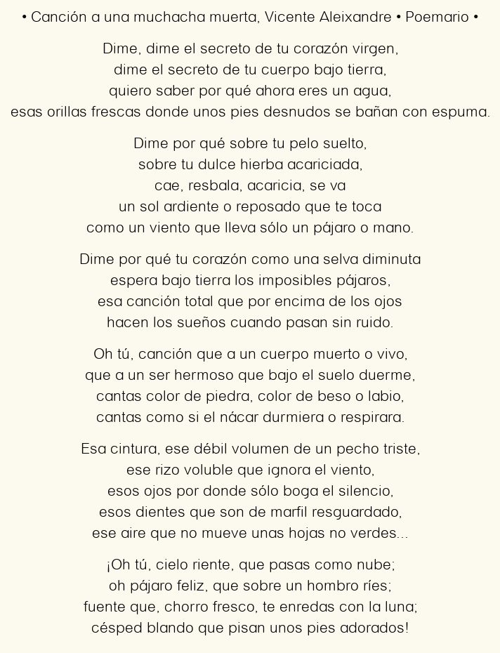 Imagen con el poema Canción a una muchacha muerta, por Vicente Aleixandre