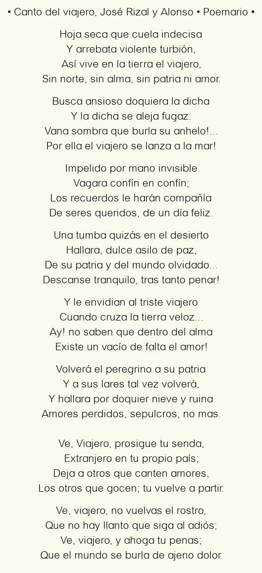 Imagen con el poema Canto del viajero, por José Rizal y Alonso