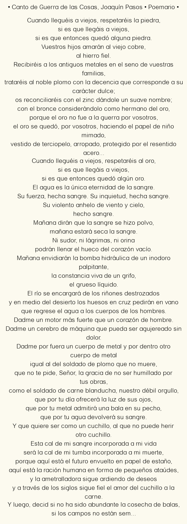 Imagen con el poema Canto de Guerra de las Cosas, por Joaquín Pasos