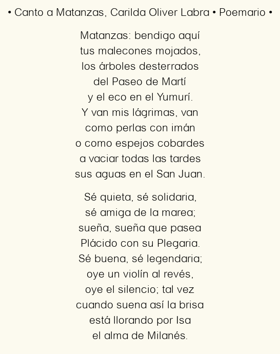 Imagen con el poema Canto a Matanzas, por Carilda Oliver Labra