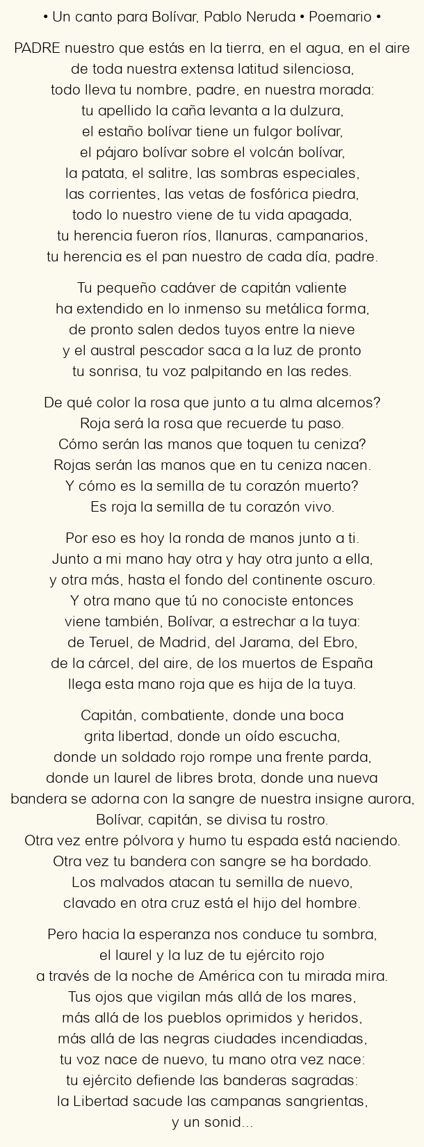 Imagen con el poema Un canto para Bolívar, por Pablo Neruda