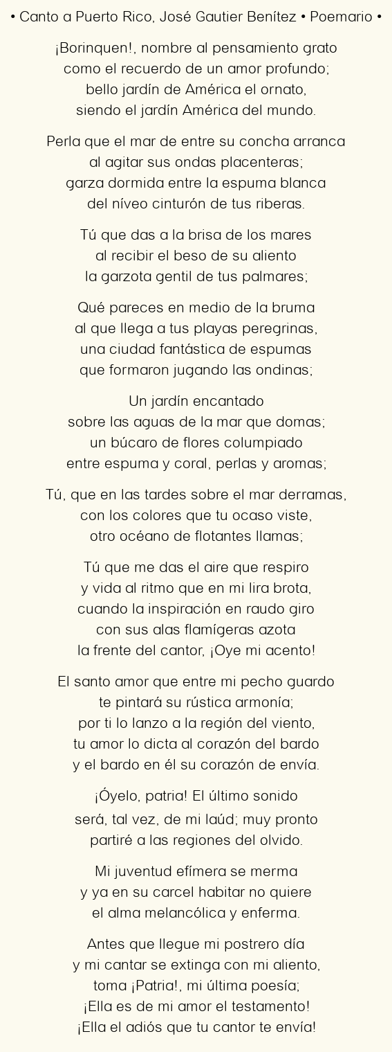 Imagen con el poema Canto a Puerto Rico, por José Gautier Benítez