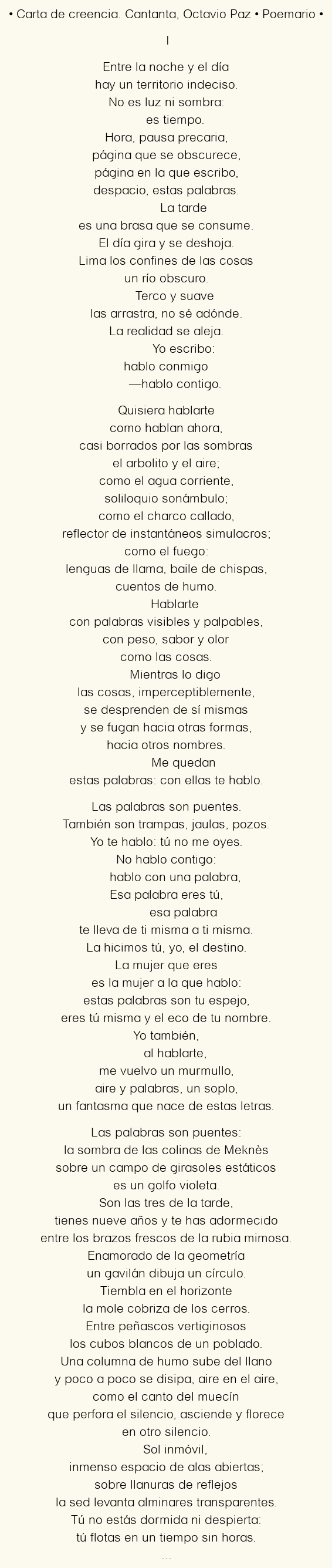 Imagen con el poema Carta de creencia. Cantanta, por Octavio Paz