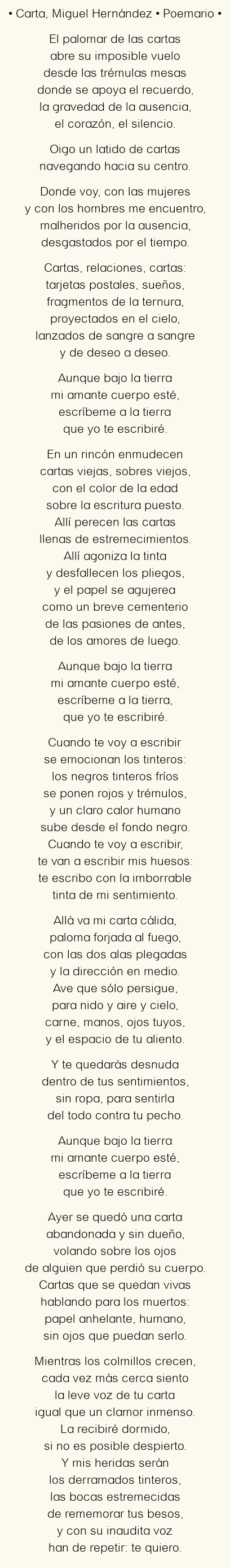 Imagen con el poema Carta, por Miguel Hernández