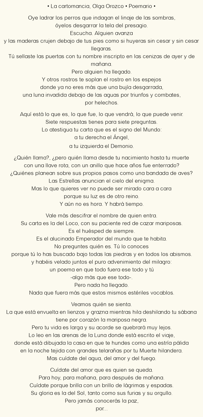 Imagen con el poema La cartomancia, por Olga Orozco