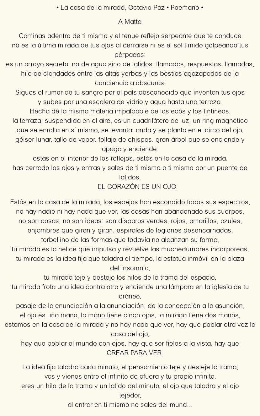 Imagen con el poema La casa de la mirada, por Octavio Paz