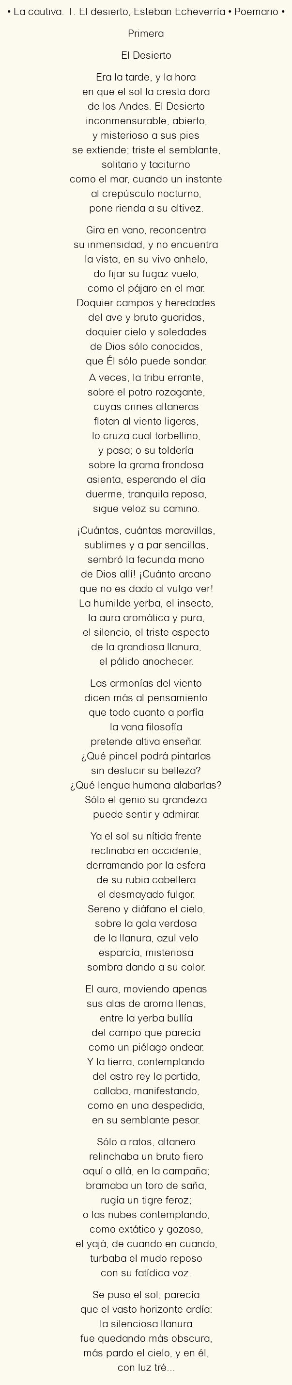 Imagen con el poema La cautiva. 1. El desierto, por Esteban Echeverría