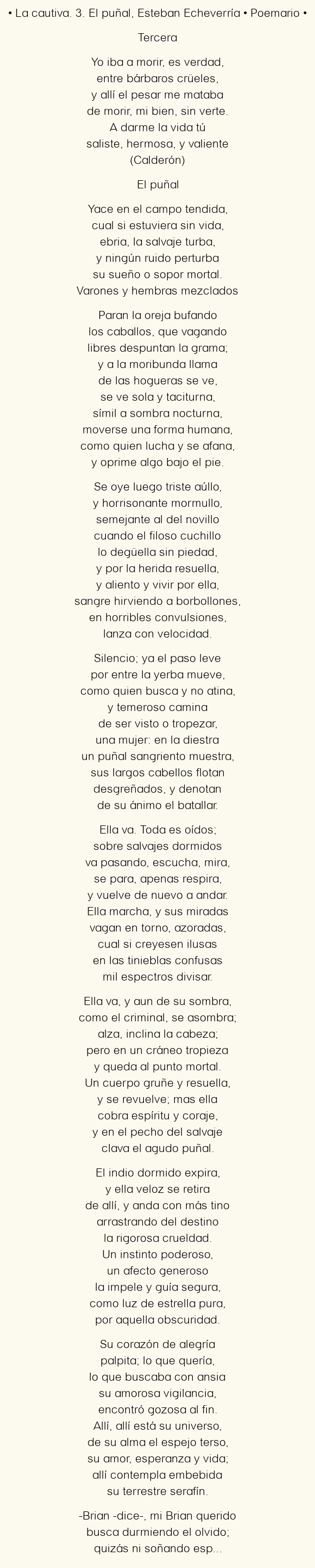 Imagen con el poema La cautiva. 3. El puñal, por Esteban Echeverría