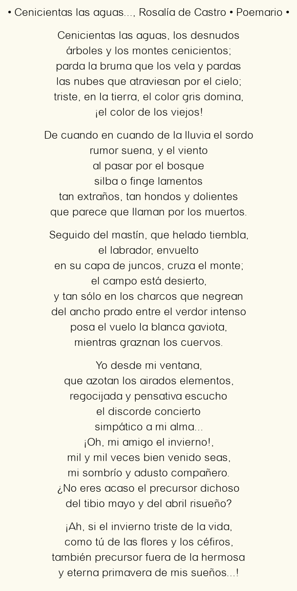 Imagen con el poema Cenicientas las aguas…, por Rosalía de Castro
