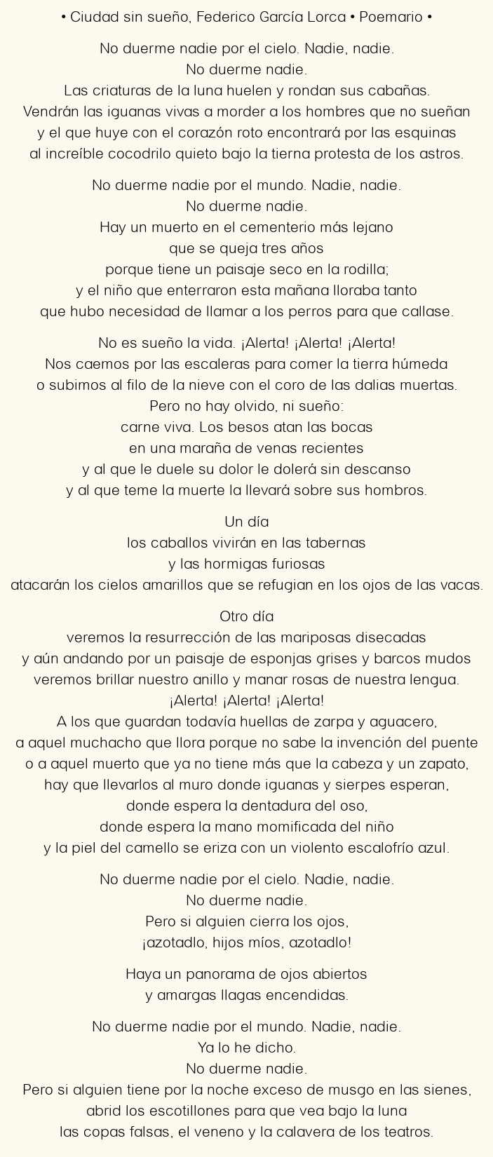 Imagen con el poema Ciudad sin sueño, por Federico García Lorca