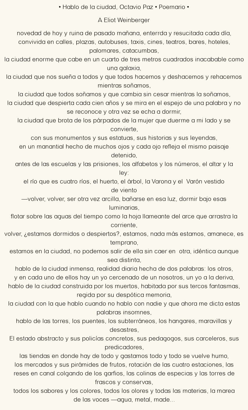 Imagen con el poema Hablo de la ciudad, por Octavio Paz