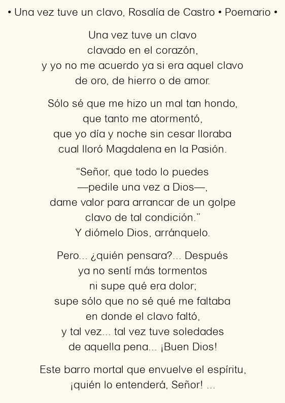Imagen con el poema Una vez tuve un clavo, por Rosalía de Castro