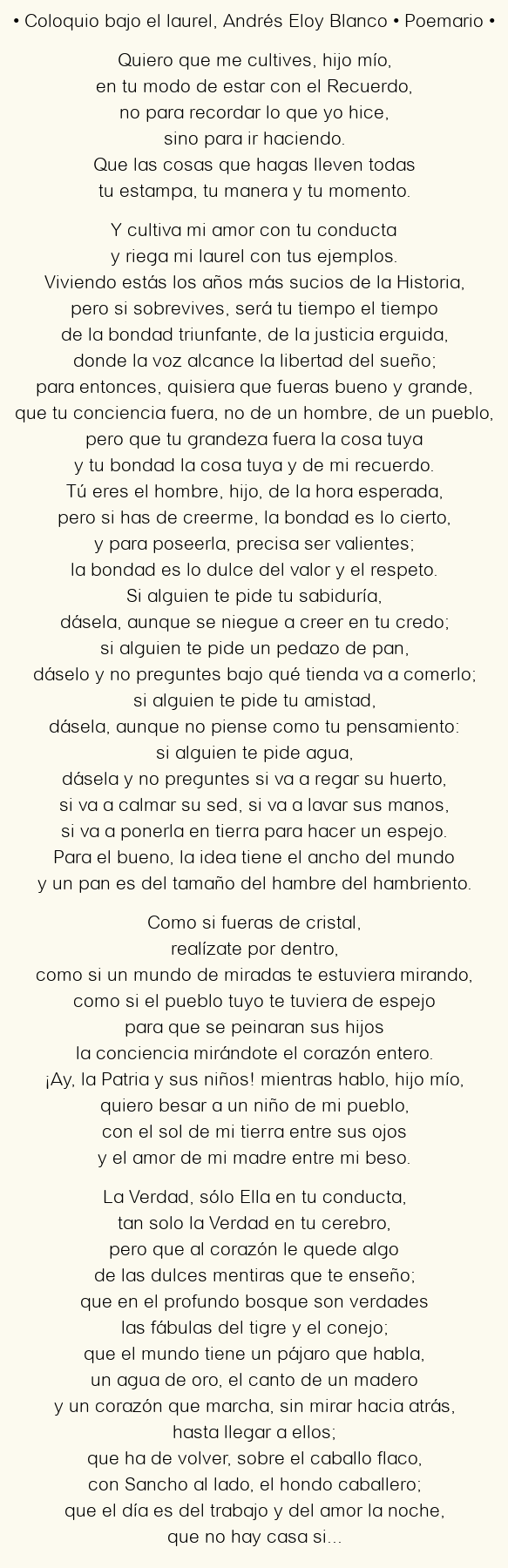 Imagen con el poema Coloquio bajo el laurel, por Andrés Eloy Blanco