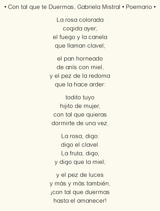 Imagen con el poema Con tal que te Duermas, por Gabriela Mistral