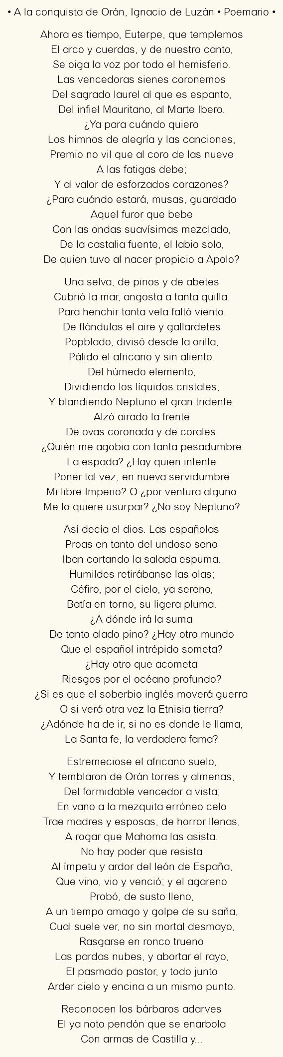 Imagen con el poema A la conquista de Orán, por Ignacio de Luzán