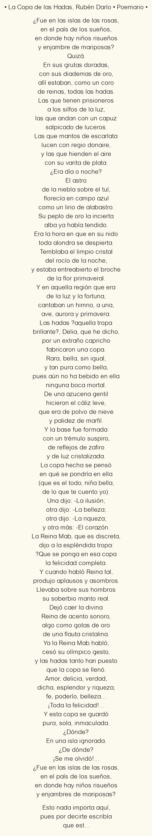 Imagen con el poema La Copa de las Hadas, por Rubén Darío