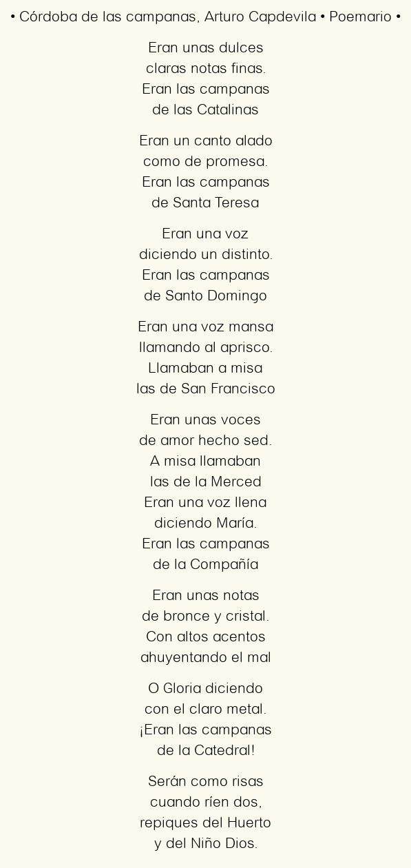 Imagen con el poema Córdoba de las campanas, por Arturo Capdevila