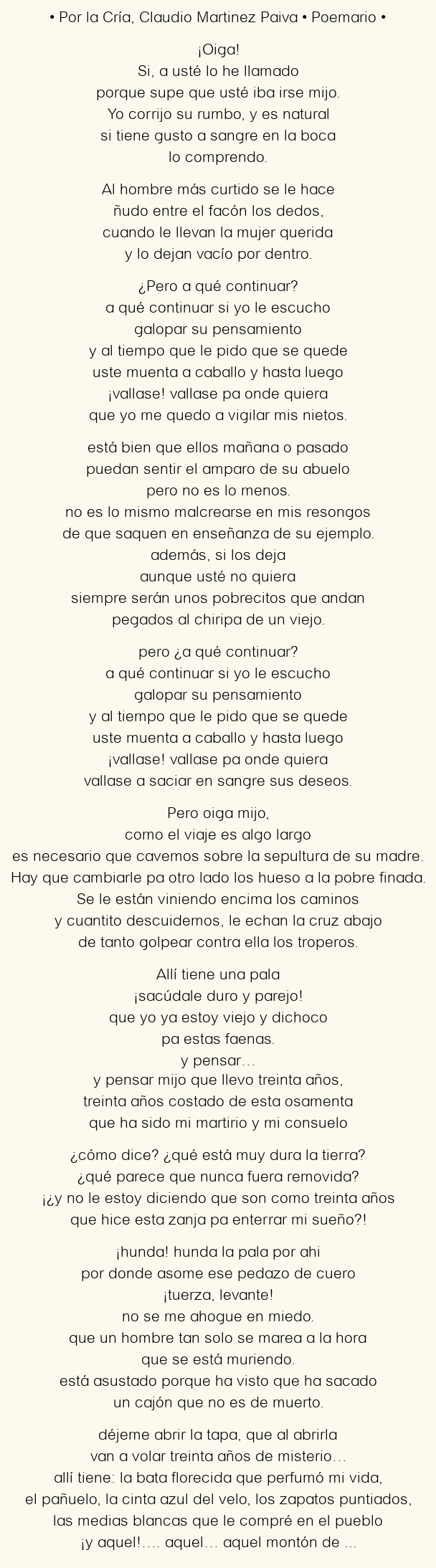Imagen con el poema Por la Cría, por Claudio Martinez Paiva