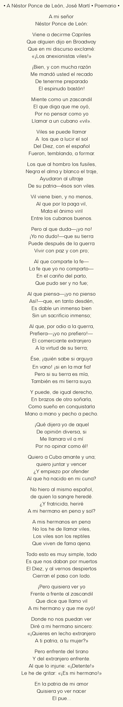 Imagen con el poema A Néstor Ponce de León, por José Martí