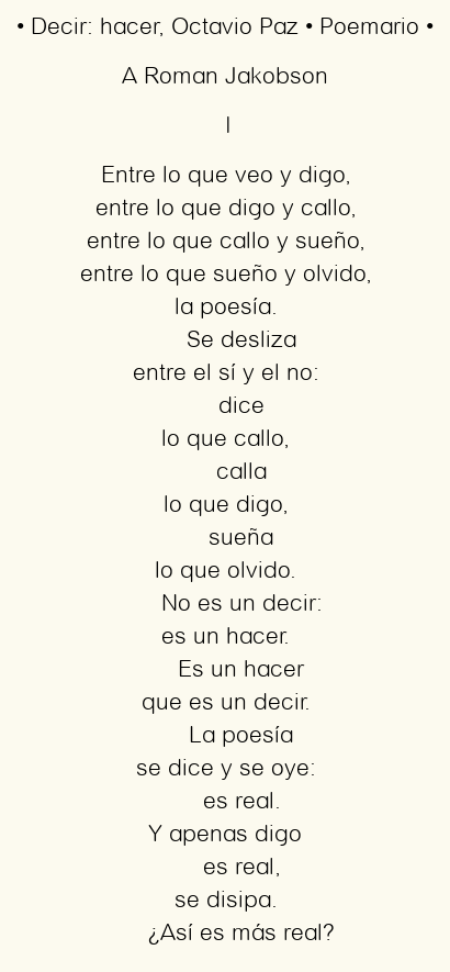 Imagen con el poema Decir: hacer, por Octavio Paz