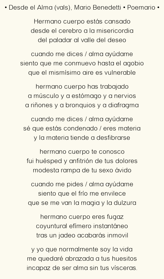 Imagen con el poema Desde el Alma (vals), por Mario Benedetti