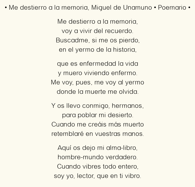 Imagen con el poema Me destierro a la memoria, por Miguel de Unamuno